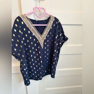 Navy and Gold Polka Dot Women's Top PTP 22 short sleeve flowie blouse